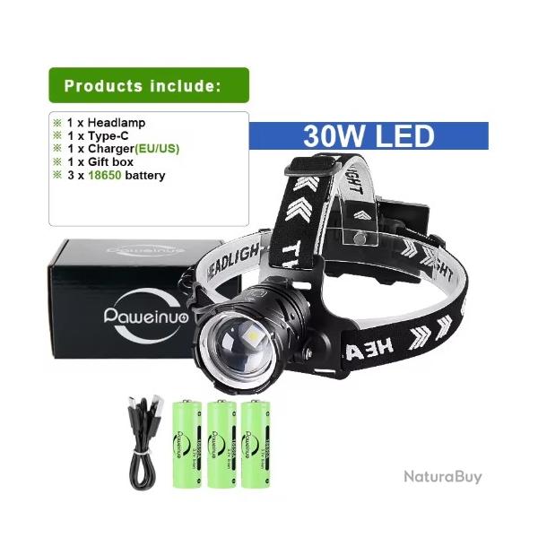 Lampe frontale tactique � LED 30 Watts avec piles + chargeur + sangle frontale + c�ble USB C