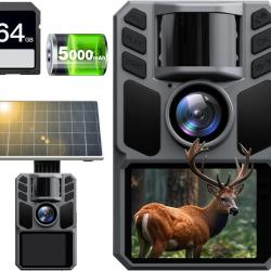 Cam&eacute;ra Chasse Solaire Infrarouge 4K 64MP Carte 64GB Batterie 5000mAh &Eacute;tanche IP67 Vision Nocturne