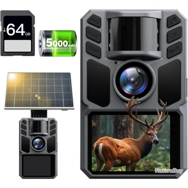 Cam�ra Chasse Solaire 4K 64MP Batterie 5000mAh Carte 64GB Infrarouge Vision Nocturne �tanche IP67