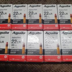 lot de 10 boites soit 500 cartouches AGUILA  22 LR mle CUIVRE HOLLOW POINT &agrave; balle de 38 grs creuse