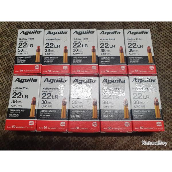 lot de 10 boites soit 500 cartouches AGUILA  22 LR mle CUIVRE HOLLOW POINT � balle de 38 grs creuse