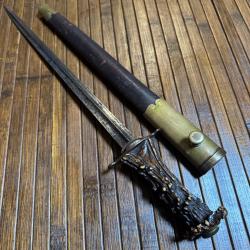 BELLE DAGUE DEBUT XlX &Eacute;ME MANCHE EN BOIS DE CHEVREUIL FOURREAU EN CUIR