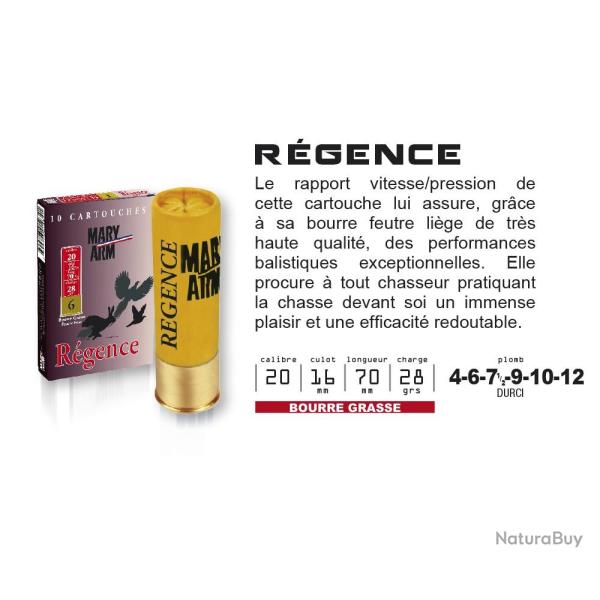 Cartouches MARY ARM REGENCE Calibre 20/70 28grs bourre grasse 7,5