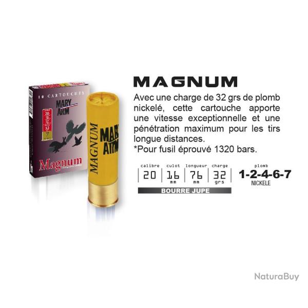 Cartouches MARY ARM MAGNUM Calibre 20/76 32grs bourre � jupe 2