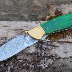 Beau Couteau L'Irlandais Damas Lame 128 Couches Manche Bois Fabric Artisanale Linerlock