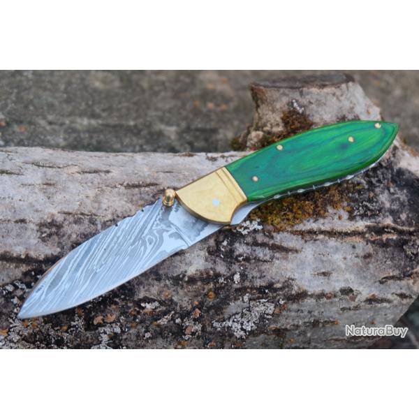 Beau Couteau L'Irlandais Damas Lame 128 Couches Manche Bois Fabric Artisanale Linerlock