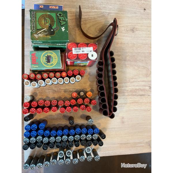 Cartouches calibre 12 diverses + cartouchi�re cuir