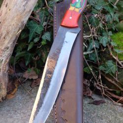 BIG Couteau Buscharft Survie Bowie Lame Acier Carbone 1075 Etui Cuir Manche Bois Fabric Artisanale