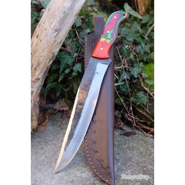 BIG Couteau Buscharft Survie Bowie Lame Acier Carbone 1075 Etui Cuir Manche Bois Fabric Artisanale