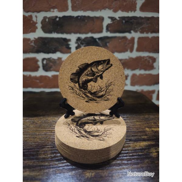 Lot de 6 dessous de verre en li�ge - Motif poisson - D�coration p�che � 10 cm