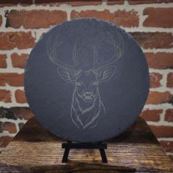 Dessous de plat en ardoise &Oslash; 22 cm - T&ecirc;te de cerf - D&eacute;coration chasse