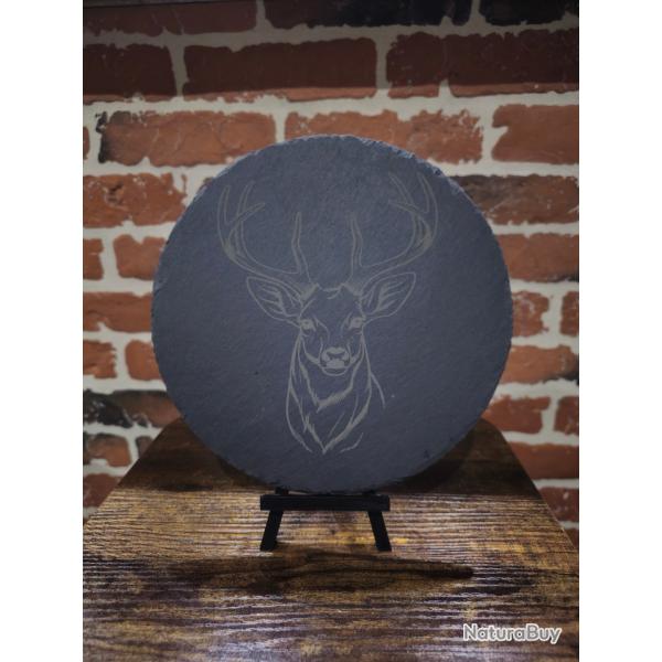 Dessous de plat en ardoise � 22 cm - T�te de cerf - D�coration chasse