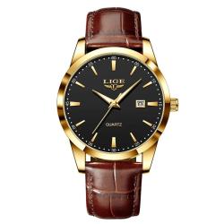 Montre Homme Quartz Bracelet Cuir Vintage Cadran Noir/Or - Bo&icirc;te Cadeau Incluse + Livraison Offerte
