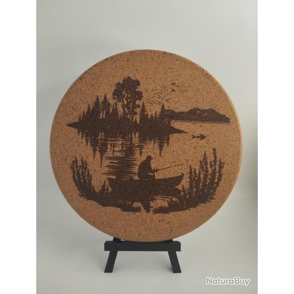 Dessous de plat en li�ge � 19 cm - Motif p�cheur - D�coration p�che