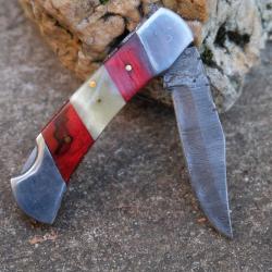 Couteau Lame Damas 128 Couches Style Buck 112 Manche Bois & Os Lockback Fabric Artisanale