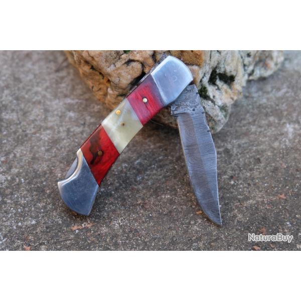 Couteau Lame Damas 128 Couches Style Buck 112 Manche Bois & Os Lockback Fabric Artisanale