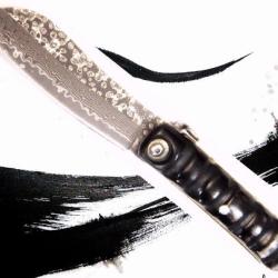 *UNIQUE COUTEAU PLIANT TRADITIONNEL*LAME DAMAS*LAITON & CORNE DE BUFFLE *JAPON*