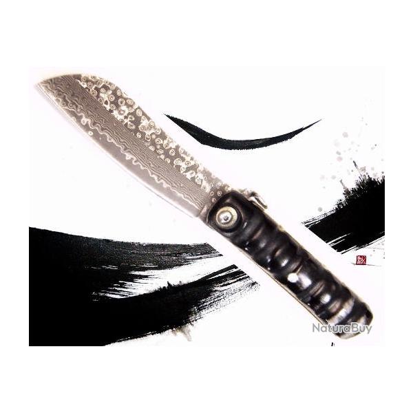 *UNIQUE COUTEAU PLIANT TRADITIONNEL*LAME DAMAS*LAITON & CORNE DE BUFFLE *JAPON*