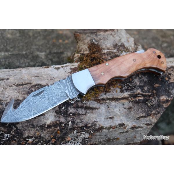 Couteau A D�pecer Petit Gibier Lame Damas 128 Couches Style Buck 112 Manche Bois Fabric Artisanale