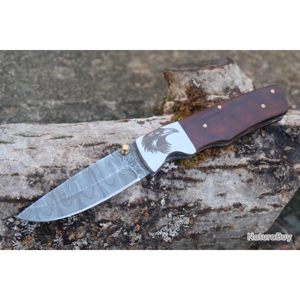 Beau Couteau Damas Lame Drop Point Acier 128 Couches Manche Bois Mitres Aigle Fabrication Artisanale