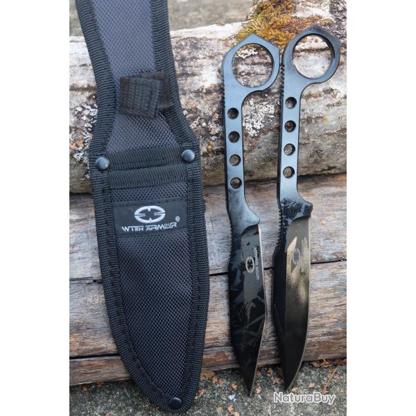 Set de 2 Couteau Tactical/Lancer WithArmour Garfish Lame Acier 440C Manche Acier Black Etui Nylon