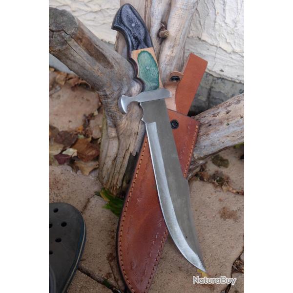 Bowie Bushcraft Couteau de Chasse Survie Lame Carbone 1055 Manche Bois/Acier Etui Cuir F ArtisanaleB