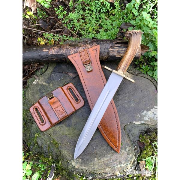 dague de chasse d'artisan avec porte fourreau / manche bois de cerf