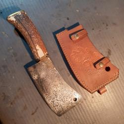 Couperet ancien bois de cerf et etui cuir
