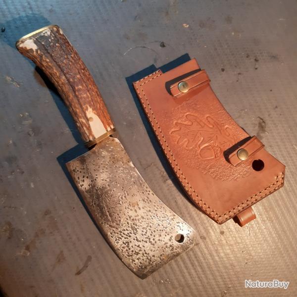 Couperet ancien bois de cerf et etui cuir
