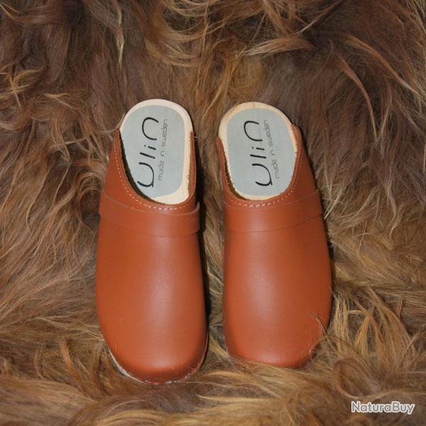 Sabots pour femme su�dois bois et cuir tannage v�g�tal 38 cuir bleu marine