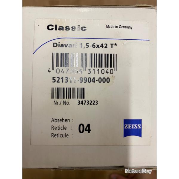 Lunette Zeiss 1,5-6x42 Classic Diavari T* r�ticule 4 avec montage original blaser R93