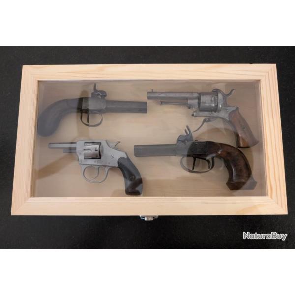 COFFRET EN BOIS DE PRESENTATION ARMES DE POING REVOLVER PISTOLET .. AVEC VITRE POUR EXPOSITION