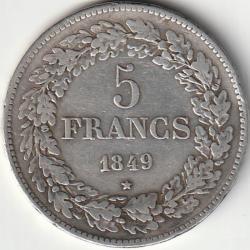 Monnaie Argent Belgique 5 francs - L&eacute;opold Ier t&ecirc;te laur&eacute;e 1849 Recherch&eacute;e