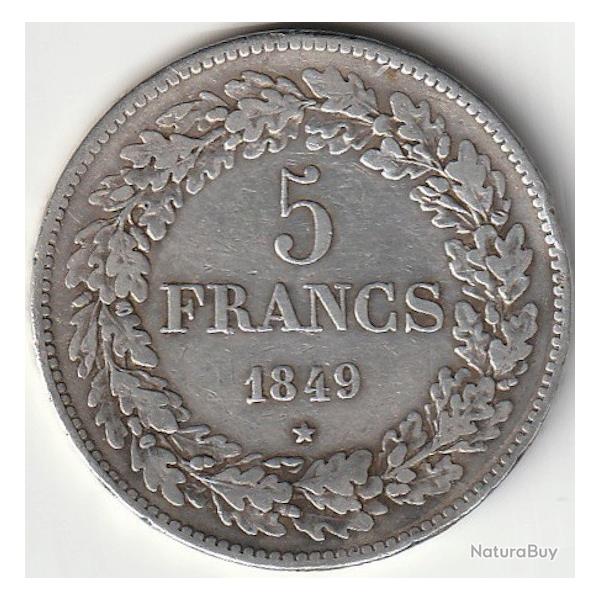 Monnaie Argent Belgique 5 francs - L�opold Ier t�te laur�e 1849 Recherch�e