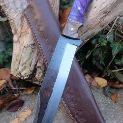 BIG Couteau Buscharft Survie Bowie Lame Acier Carbone 1075 Etui Cuir Manche R&eacute;sine Fabric Artisanale
