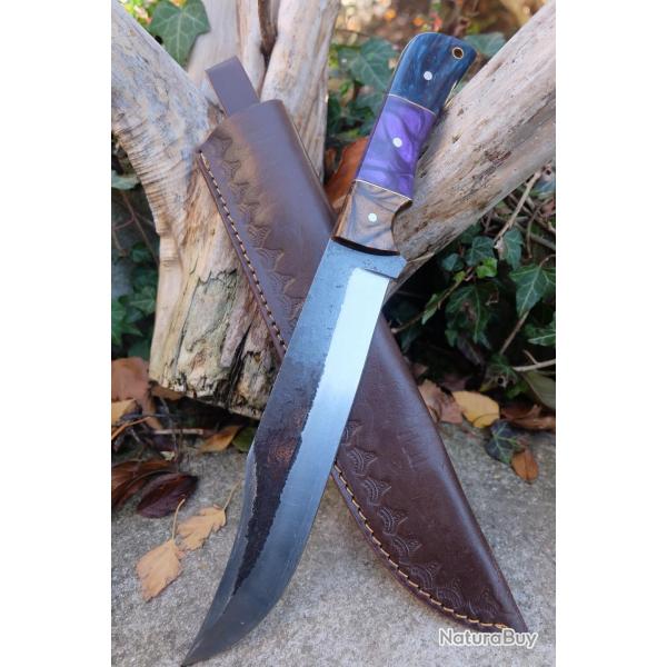 BIG Couteau Buscharft Survie Bowie Lame Acier Carbone 1075 Etui Cuir Manche R�sine Fabric Artisanale