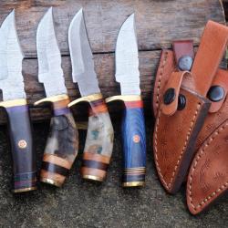 LOT DE 4 Couteau Skinner Damas Lame 256 Couches Manche Bois/Corne de B&eacute;lier Fab Artisan Etui Cuir 00