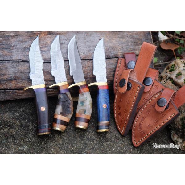 LOT DE 4 Couteau Skinner Damas Lame 256 Couches Manche Bois/Corne de B�lier Fab Artisan Etui Cuir 00
