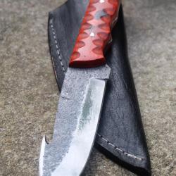 Couteau Skinner de Chasse Guthook Lame Acier Carbone 1075 Manche Bois Etui Cuir Fabric Artisanale