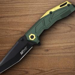 Couteau Tactical Urbain MTech A/O Lame Acier 3Cr13MoV Manche Aluminum OD Green & Gold Linerlock