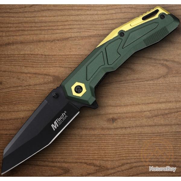 Couteau Tactical Urbain MTech A/O Lame Acier 3Cr13MoV Manche Aluminum OD Green & Gold Linerlock