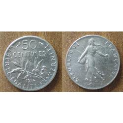 France 50 Centimes 1914 Piece Argent Semeuse Centime