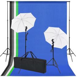 Kit de studio photo 5 toiles de fond color&eacute;es et 2 ombrelles