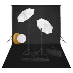 Kit de studio photo avec lampes toile de fond et r&eacute;flecteur