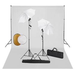 Kit de studio photo avec lampes toile de fond et r&eacute;flecteur