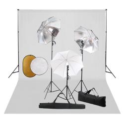 Kit de studio photo avec lampes toile de fond et r&eacute;flecteur