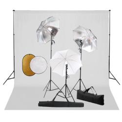 Kit de studio photo avec lampes toile de fond et r&eacute;flecteur