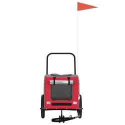 Remorque de v&eacute;lo pour animaux en rouge et gris, fabriqu&eacute;e en tissu Oxford et fer.