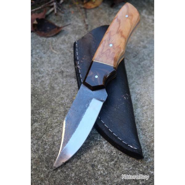 Couteau Skinner de Chasse Survie Lame Acier Carbone 1075 Manche Bois/R�sine Etui Cuir Fabr Artisan