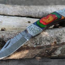 Couteau Lame Damas 128 Couches Style Buck 112 Manche Bois Arlequin Fabr Artisanale S&eacute;cu Lockback
